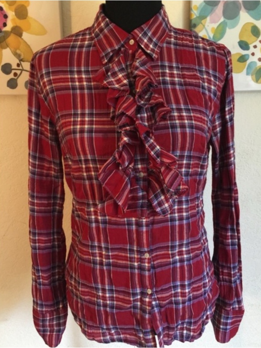Converse Ruffled Red Plaid Button-Up Shirt, 99% cotton. Size M